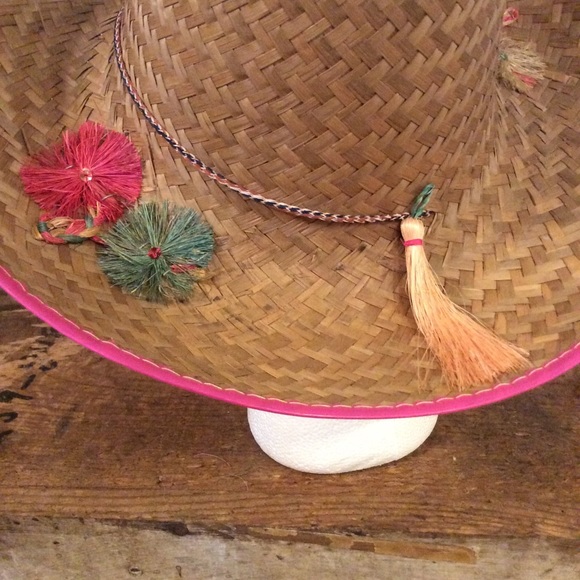 MCM straw tassel Sun hat minimalist garden beach 50s Vintage pink Heirloom chic - Picture 6 of 8